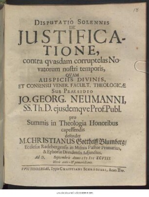 Disputatio Solennis De Iustificatione, contra quasdam corruptelas Novatorum nostri temporis