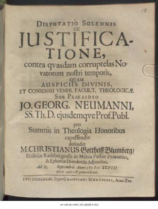 Disputatio Solennis De Iustificatione, contra quasdam corruptelas Novatorum nostri temporis