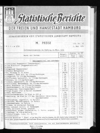 Verbraucherpreise in Hamburg im März 1965 : Lfd. Nr. 16