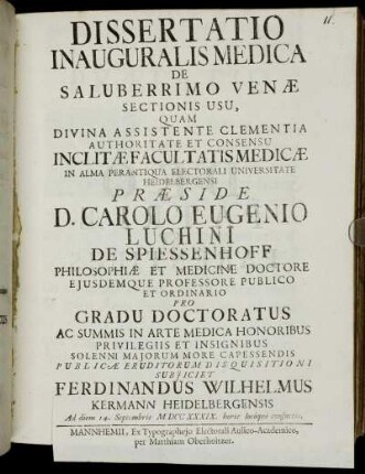 Dissertatio Inauguralis Medica De Saluberrimo Venæ Sectionis Usu