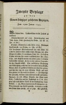 Zweyte Beylage zu den Neuen Leipziger gelehrten Anzeigen. Zum 15ten Januar 1793.