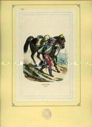 Uniformdarstellung, Soldat der Ehren-Garde, Frankreich, 1814. Tafel 44 aus: Bellangé: Die Soldaten der französischen Republik und des Kaiserreichs.