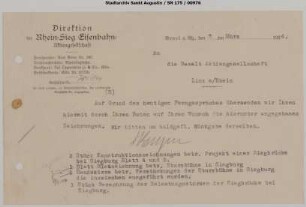 Brücke A: Brief bzgl. Zeichnungen der Siegbrücke und Sturzbühne Siegburg