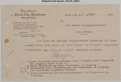 Brücke A: Brief bzgl. Zeichnungen der Siegbrücke und Sturzbühne Siegburg