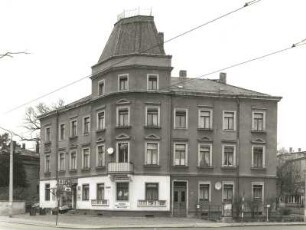 Dresden-Blasewitz, Loschwitzer Straße 41. Wohnhaus mit Laden (um 1895). Eckansicht mit Fassade Regerstraße