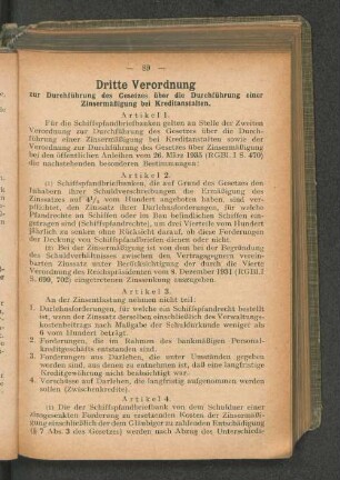 Dritte Verordnung zur Durchführung des Gesetzes über die Durchführung einer Zinsermäßigung bei Kreditanstalten.