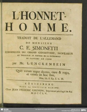 L' Honnet-homme : Traduit De L'Allemand