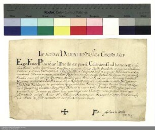 Profess des Frater Placidus von Droste aus Köln