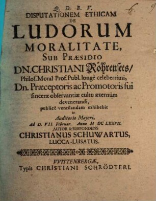 Disputationem Ethicam De Ludorum Moralitate