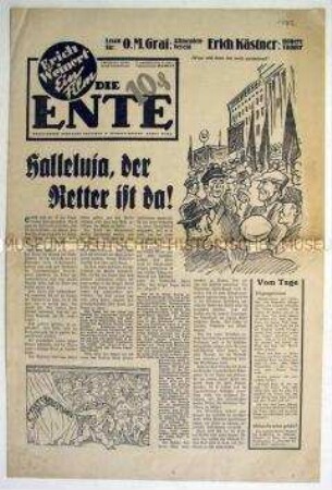Linke Satirezeitung "Die Ente" mit Karikaturen und Texten zur politischen Situation 1932
