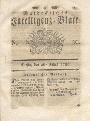 No. 30, Dinstag den 28ten Julius 1789