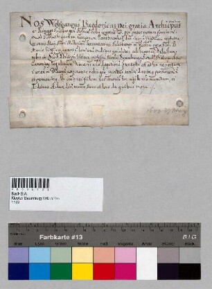 Erzbischof Wolf Dietrich von Salzburg weiht Philipp Welser, einen Professen des Klosters Baumburg, in der Pfarrkirche St. Maria zum Diakon.; S: Erzbischof Wolf Dietrich [von Raitenau] von Salzburg