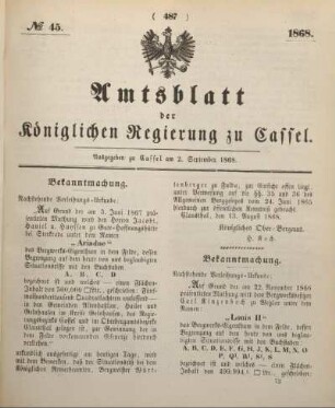 № 45. Ausgegeben zu Cassel am 2. September 1868.