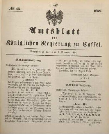 № 45. Ausgegeben zu Cassel am 2. September 1868.