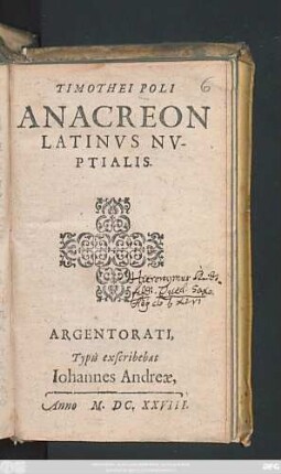 Timothei Poli Anacreon Latinus Nuptialis