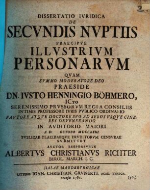 Diss. iur. de secundis nuptiis, praecipue illustrium personarum