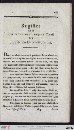 Register über den ersten und zweyten Theil des Lippischen Dispensatoriums