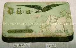 Blechdose für 25 Stück Zigaretten "WENESTI Düa" (Abbildung: fliegender Adler über Karte von Europa)
