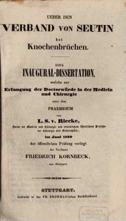 Über den Verband von Seutin bei Knochenbrüchen : Eine Inaug. Diss.