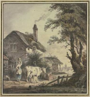 Frau mit Kühen vor einem Bauernhaus