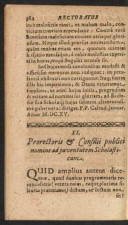 XI. Prorectoris & Consilii publici nomine ad juventutem Scholasticam.
