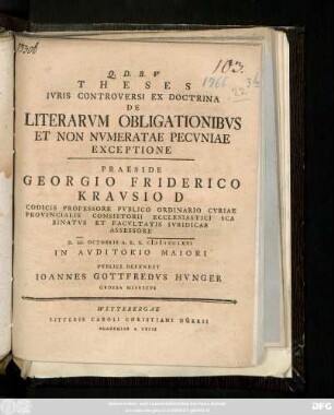 Theses Ivris Controversi Ex Doctrina De Literarvm Obligationibvs Et Non Nvmeratae Pecvniae Exceptione