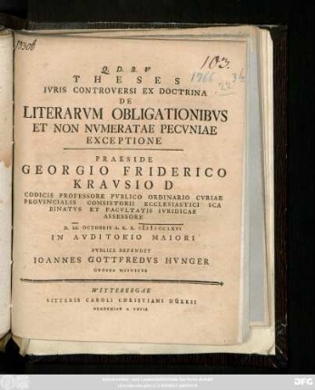 Theses Ivris Controversi Ex Doctrina De Literarvm Obligationibvs Et Non Nvmeratae Pecvniae Exceptione