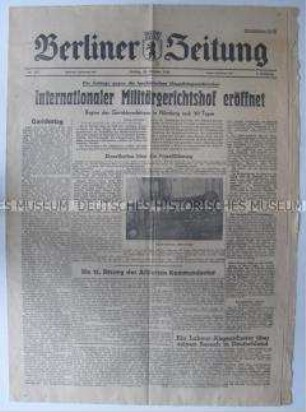 Tageszeitung "Berliner Zeitung" zur Eröffnung des Internationalen Militärgerichtshofs zur Verurteilung der Hauptkriegsverbrecher