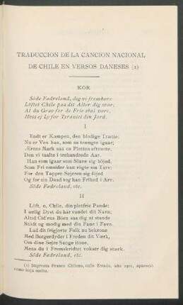 Traducción de la Canción Nacional de Chile en versos daneses