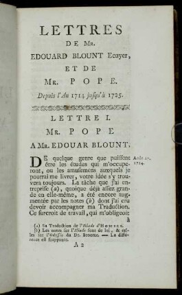 Lettres De Mr. Edouard Blount Ecuyer, Et De Mr. Pope. Depuis l'An 1714 jusqu' à 1725