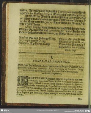 [III.] I. Generalis Professio. Doctrinae Ecclesiarum Reformatarum in Regno Poloniae Magno Ducatu Lithuaniae, annexisque Regnii Provinciis, in Coventu Thoruniensi, Anno 1645. ad liquidationem Controversiarum, maturandam, exhibita d, 1. Spetembris