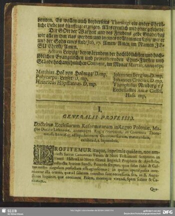 [III.] I. Generalis Professio. Doctrinae Ecclesiarum Reformatarum in Regno Poloniae Magno Ducatu Lithuaniae, annexisque Regnii Provinciis, in Coventu Thoruniensi, Anno 1645. ad liquidationem Controversiarum, maturandam, exhibita d, 1. Spetembris