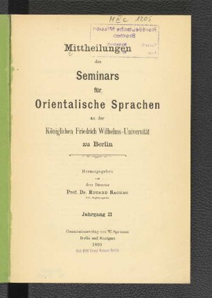 2.1899: Mitteilungen des Seminars für Orientalische Sprachen an der Friedrich Wilhelms-Universität zu Berlin