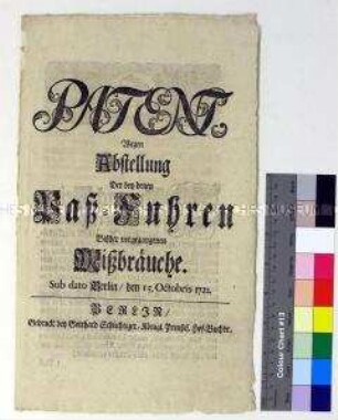 Patent von Friedrich Wilhelm I. König in Preußen betreffs Abstellung von Mißbräuchen bei Paß-Fuhren