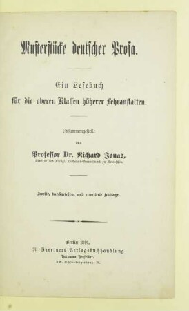 Musterstücke deutscher Prosa : ein Lesebuch für die oberen Klassen höherer Lehranstalten