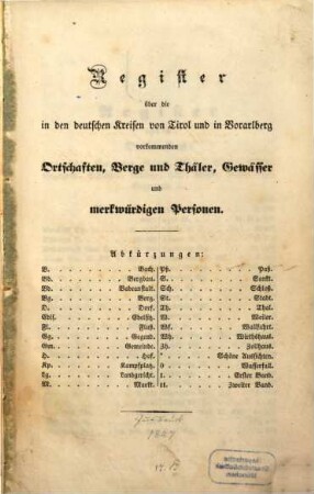 Tirol und Vorarlberg : statistisch, topographisch, mit geschichtlichen Bemerkungen in 2 Theilen, [3]. Register