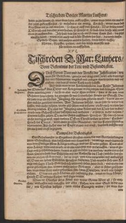 XVI. Tischreden D. Mar: Luthers/ Vom Bekentnis der Lere und Bestendigkeit.