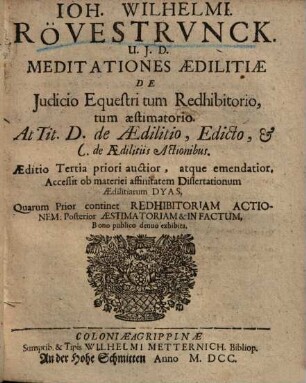 Meditationes aedilitiae de iudicio equestri tum redhibitorio tum aestimatorio