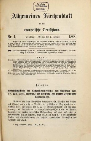 Allgemeines Kirchenblatt für das evangelische Deutschland : Amtsblatt des Deutschen Evangelischen Kirchenbundes. 37. 1888