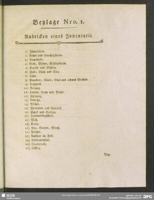 Beylage Nro. 1. Rubricken eines Inventarii