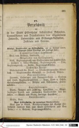 IV. Verzeichniß der in der Stadt Hildesheim befindlichen Behörden, Commissionen und Deputationen von allgemeinem Interesse, Unterrichts- und Bildungs-Anstalten, Institute und Vereine.