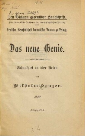 Das neue Genie : Schauspiel in vier Akten