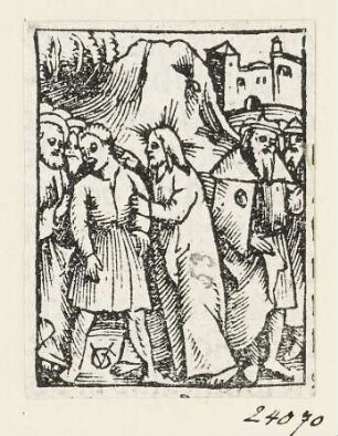 Jesus heilt einen Blinden auf der Straße nach Jericho, Blatt 19 aus: "Postilla Guillermi super Epistolas et Euangelia", Basel 1515