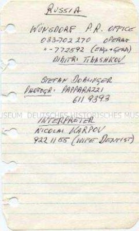 Notizblätter mit Adressen von Menschen, die Henry Ries für sein Buch "Abschied meiner Generation" interviewt hat - Nachlass