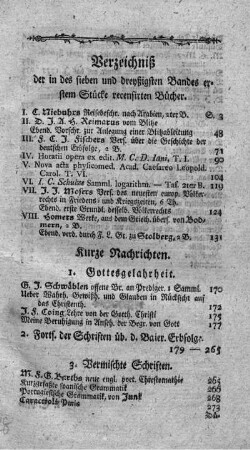 Verzeichniß der in des sieben und dreyßigsten Bandes erstem Stücke recensirten Bücher.