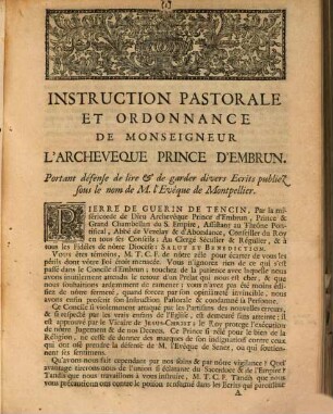 Instruction pastorale et Ordonnance ... portant defense de lire et de garder divers ecrits publiez sous le nom de M. l'Evêque de Montpellier