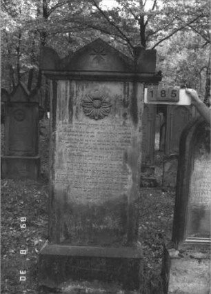 Grabstein 185 (Index: 99609821) Material: Sandstein Zustand: verwittert Maße HxBxT: 200x86x35 cm Beschreibung: Stele, Abdeckplatte, Giebelaufsatz mit Seitenakrotere, Sockel Symbolik: Stern, Blüte: Grabstein 185