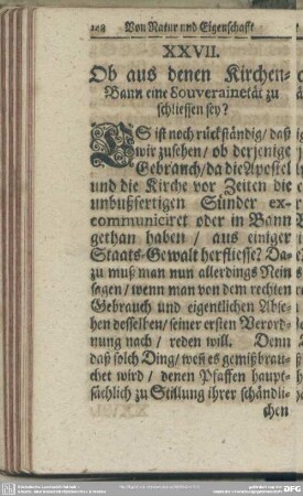 XXVII. Ob aus denen Kirchen-Bann eine Souverainetät zu schliessen sey?