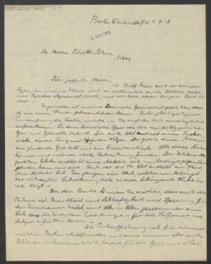 Brief an B. Schott's Söhne : 01.09.1918