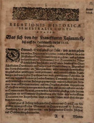 Relationis historicae semestralis continuatio : Jacobi Franci historische Beschreibung der denckwürdigsten Geschichten ..., 1626